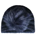 Dettaglio della trama a maglia del cappello invernale blu scuro con pompon in ecopelliccia - Taglia unica / Blu navy