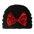 Bonnet tricoté pour bébé noir avec un grand nœud en paillettes rouges festif - Noir