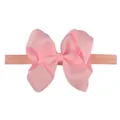 Close-up of baby girl soft elastic headband with light pink grosgrain ribbon bow - Pink