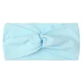 Close-up of light blue nylon baby headband with wide knit fabric and soft knotted detail - Blue