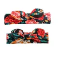 Floral knot bunny ear baby headband set with colorful patterns on soft elastic fabric - Black Base Red Floral