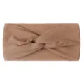 Detail of camel colored nylon hair band featuring a cross-knot knitted texture for girls - Light Coffee