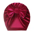 Détails du bonnet turban pour bébé en velours rouge foncé avec un grand nœud décoratif - Fuchsia