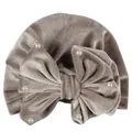 Detail of velvet baby turban with oversized bow and pearl accents in dusty mauve - Gray