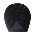 Detailed view of plush dark blue velvet baby turban hat with a large decorative bow - Navy Blue