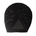 Detail of soft black velvet baby turban featuring a large textured bow knot design - Black