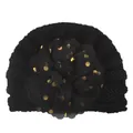 Detail of baby turban hat with black knit texture and gold polka dot chiffon flower - Black