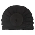 Close-up of black knitted baby turban featuring a spiral doughnut knot and ribbed texture - Black
