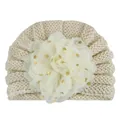 Beige Baby Strickmütze mit großer Goldpunkt-Chiffonblume für Neugeborene im Winter - Beige