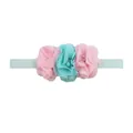 Dettaglio di tre fiori in chiffon con perle su una fascia elastica per neonati - Lettera C