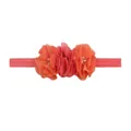 Dettaglio di tre fiori in chiffon con perle e strass su una fascia elastica per neonati - Lettera D
