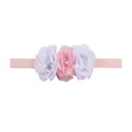 Detail of baby headband with three chiffon flowers, faux pearls and sparkly rhinestones - Pink/Purple Mix