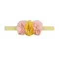 Detailed view of chiffon flowers with pearls and rhinestones on baby elastic headband - Yellow/Pink Mix
