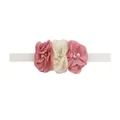Detailed view of three chiffon flowers with pearls and crystals on an elastic baby headband - Letter G