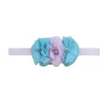 Detailed view of elastic baby headband with blue and purple chiffon flowers and pearls - Sky Blue/Lavender Mix