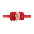 Elastic baby headband featuring three red and pink chiffon flowers with pearl accents - Letter I