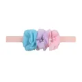 Elastic baby headband with three pastel chiffon flowers featuring pearls and rhinestones - Letter J