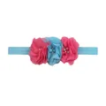 Detail of three chiffon flowers with pearls and rhinestones on an elastic baby headband - Rose Red/Light Blue Mix