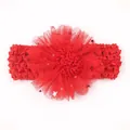 Bandeau bébé rouge élastique avec maille ajourée et fleur en tulle à paillettes - Rouge