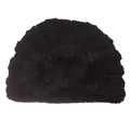 Close-up of winter knitted baby turban hat featuring three large black fabric flowers - Black