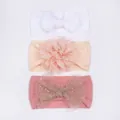 Set de 3 diademas para bebé con lazo blanco, flor beige y lazo de malla rosa con estrellas - Blanco Rosa Pasta de Frijoles