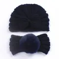 Dettagli della trama a maglia del set cappello turban e fascia per neonati con pompon - Blu Notte
