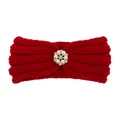 Detailed macro view of red knitted baby headband with six-pearl flower rhinestone center - Red