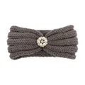 Detail of dark grey knitted baby headband with a cluster of pearls and rhinestones - Gray
