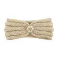 Detail of beige knitted baby headband with decorative pearl and rhinestone flower - Beige
