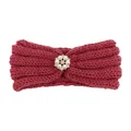 Detail of dark red knitted baby headband with a pearl and rhinestone flower accent - Dusky Pink