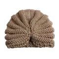 Soft khaki knitted baby turban hat with Bohemian twisted knot and ribbed texture style - Coffee
