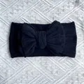 Infant cable-knit nylon headband featuring a large double-layered bow in solid black - Black