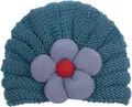 Detail of dark blue knit baby hat with large purple flower and thick spiral texture - Navy Blue
