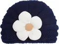 Detail of dark blue knit baby beanie featuring a large white fabric flower with a wooden button - Navy Blue