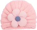 Trama in maglia dettagliata del turbante rosa per neonati con decorazione floreale 3D - rosa carne