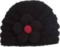 Dettaglio cappello neonato in maglia nera con fiore 3D e bottone rosso al centro - Nero