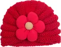 Dettaglio del cappello in maglia rossa per neonati con grande fiore decorativo - Rosso