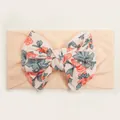 Baby girl wide elastic headband with vintage floral ribbed bow in beige and blue - Nude Pink