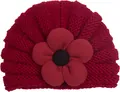 Dettaglio del cappello a turbante in maglia rossa per neonato con grande fiore 3D - Borgogna