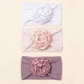 Three-piece set of nylon baby headbands with large satin rose flowers in assorted colors - White Light Pink Taro Purple
