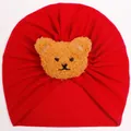 Red baby turban hat with plush bear head design, soft knit winter thermal infant cap - Red
