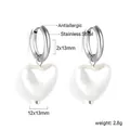 Antiallergische Herz-Perlen-Ohrringe aus Edelstahl mit 12x13 mm Anhängern für Damen - Silber Creolen Weißer Herzanhänger (EA59020AS)