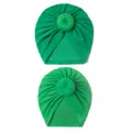 Detail of green cotton donut hats for mother and baby with gathered pleat design - Green