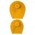 Set of two ginger yellow donut-style knitted cotton beanies for mom and baby - Yellow