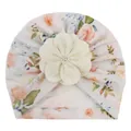 Baby Turban Mütze mit Blumenmuster in Hellrosa und einer großen Stoffblume - Hellrosa Druck Mit Weißer Blume / Hellrosa Blumenstil (E)