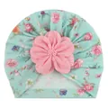 Detail of baby floral turban hat with mint fabric and a large pink pearl-decorated flower - Mint Green Print With Pink Flower / Mint Green Rose Style (A)