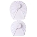 Close-up of set of two white knit baby turban hats with donut knot and soft ribbed texture - White