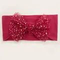 Detail of red nylon baby headband with a sparkling sequined mesh bow accessory - Burgundy
