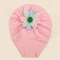 Détail du turban côtelé rose pour bébé avec fleur multicouche colorée et bouton - Rose