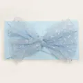 Fascia neonato in nylon azzurro con grande fiocco in mesh a doppio strato e paillettes argento - Blu